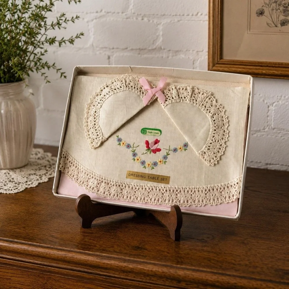 Vintage Irish Linen Dressing Table Set — Hand Embroidered Lace New in Box